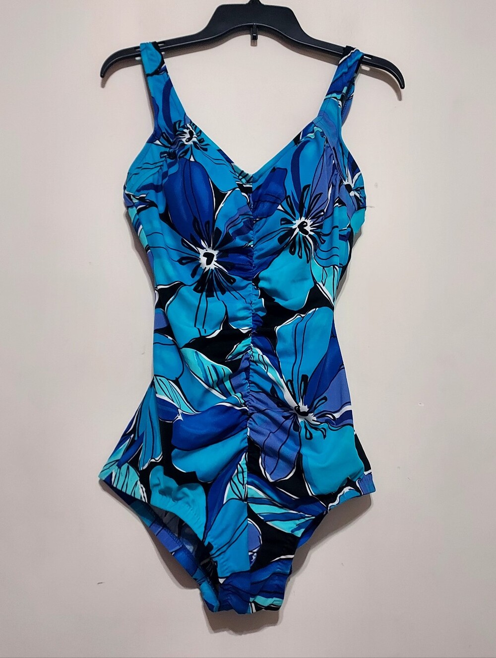 Le Cove Blue Floral One-Piece Front Ruching Swimsuit Sz-16